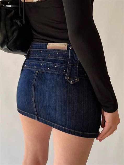 Emmiol Free Shipping 2024 Vintage Denim Buckle Wrap Hip Mini Skirt Blue