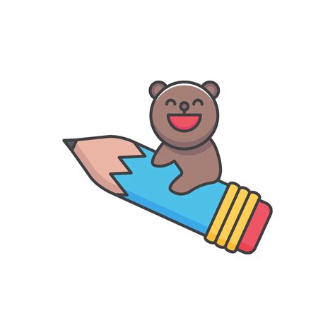 cartoon funny baby bear riding a flying pencil. illustration for t ...