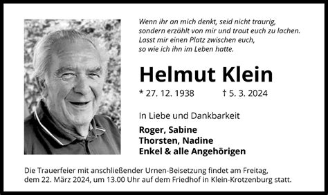 Traueranzeigen Von Helmut Klein Trauer Op Online De