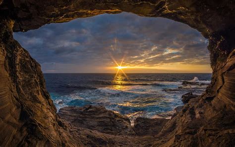 Sunset View From Ocean Cave Caves Oceans Sunsets View Nature HD