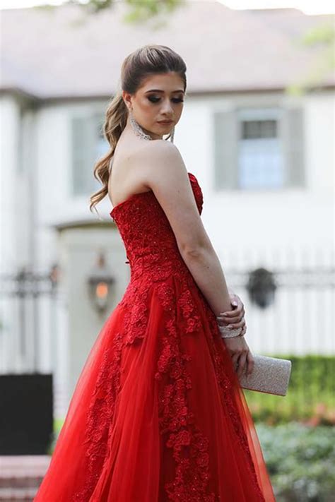 Strapless Red Lace Long Prom Dress With Train Long Red Lace Formal