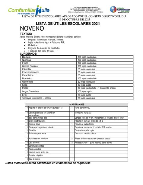 Noveno Es Muy Buena Lista De Utiles Escolares Aprobado Por El