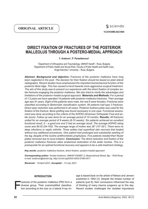 (PDF) Direct Fixation of Fractures of the Posterior Malleolus Through a ...