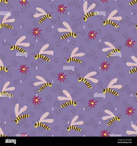 Swarm Of Wasps Seamless Vector Pattern On Lilac Garden Background Insects Themed Surface Print