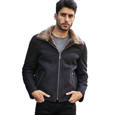 Denny Dora Mens Shearling Jacket Black Leather Jacket Short Fur Coat