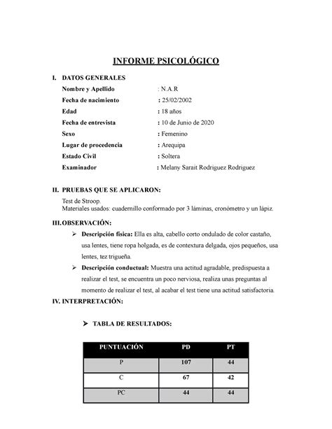 Informe Test Stroop Informe PsicolÓgico I Datos Generales Nombre Y Apellido N Fecha De