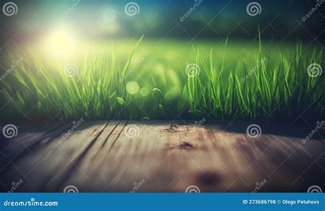 A Wooden Table With Grass In The Background And A Blurry Image Of The Grass Stock Illustration