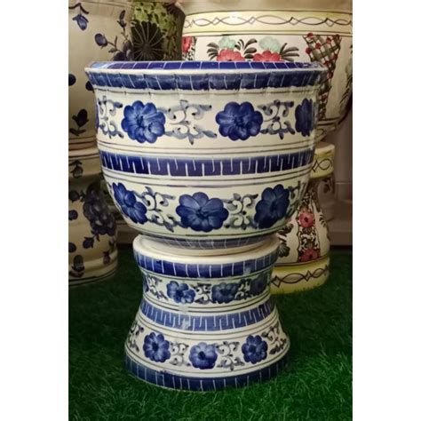 Jual Pot Keramik Biru Putih Warna Diameter 35 Dan Dudukan Keramik