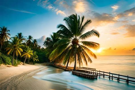 Una Playa Con Palmeras Y Una Puesta De Sol Foto Premium