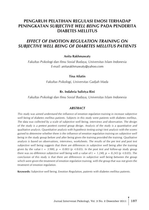 Pdf Pengaruh Pelatihan Regulasi Emosi Terhadap Peningkatan Subjective