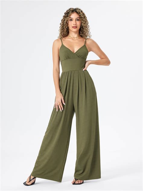 Knit Fabric V Neck Cami Wide Leg Jumpsuit For Daily Casual