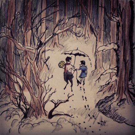 A Drawing Of Two People Holding Umbrellas In The Woods