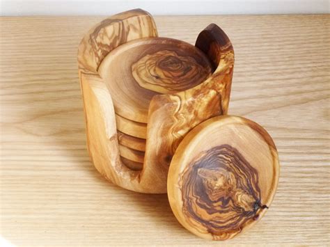 Olive Wood Coaster Set With Holder Wooden Round Coasters