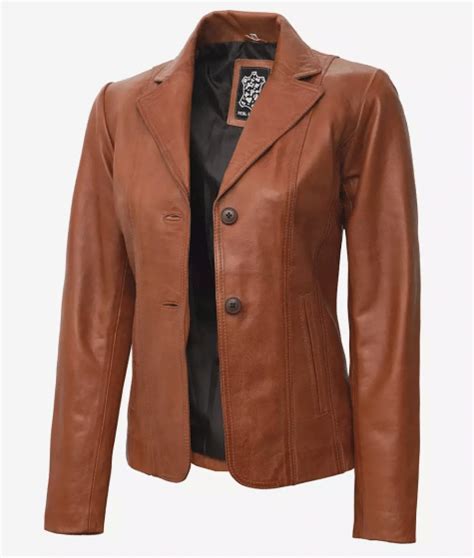 Womens Two Button Brown Leather Blazer