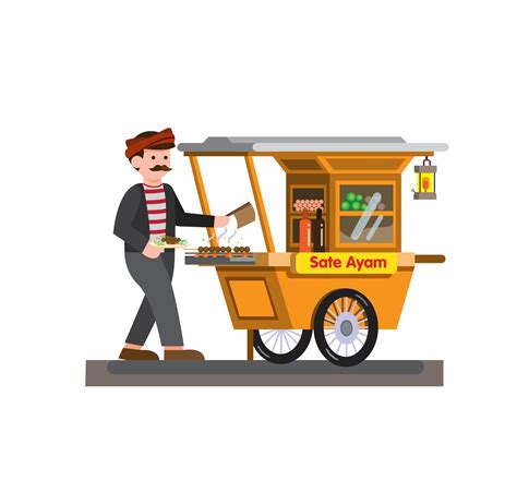 Man Selling Satay Chicken Indonesian Traditional Food In Cart Cartoon