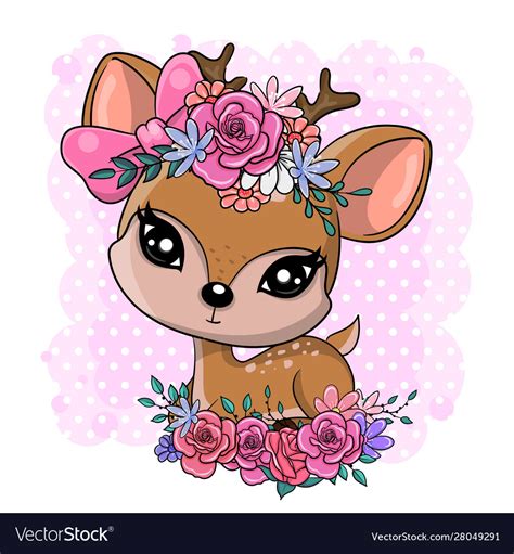 Cute Cartoon Baby Deer With Flowers On A Pink Vector Image