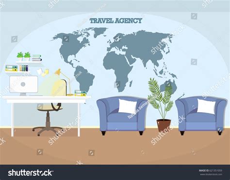 Illustration Modern Colorful Travel Agency Workplace Stock Vector