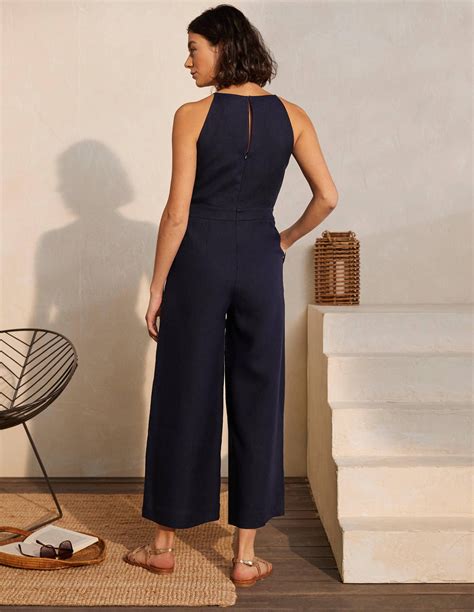 Halterneck Linen Jumpsuit Navy Boden Us