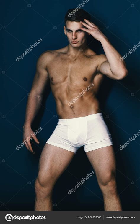 Athlete With Confident Face Wearing White Underwear Man With Naked