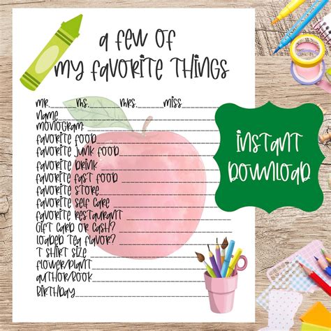 Teacher Favorites Printable