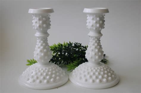 Vintage Fenton Hobnail Milk Glass Candlesticks Pair Of Tall Candle Holders