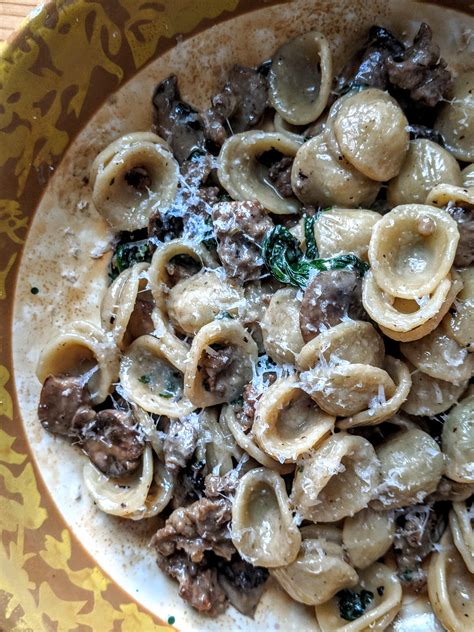 [homemade] Orecchiette With Crumbled Italian Sausage Mushroom Spinach And Cream Topped With