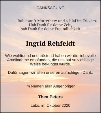 Traueranzeigen Von Ingrid Rehfeldt Trauer Nordkurier