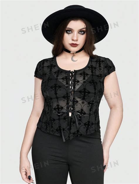 Romwe Goth Sexy Gothic Cross Flocked Open Front Asymmetrical Hem Plus