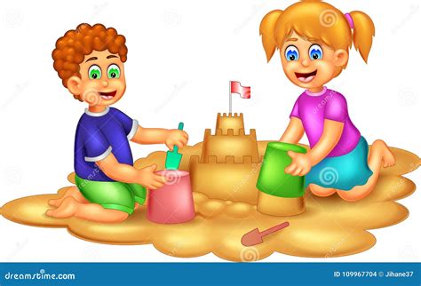 Sweet Children Cartoon Play Sand with Smiling Stock Illustration ...