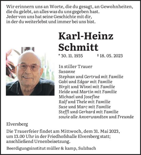 Traueranzeigen Von Karl Heinz Schmitt Saarbruecker Zeitung Trauer De