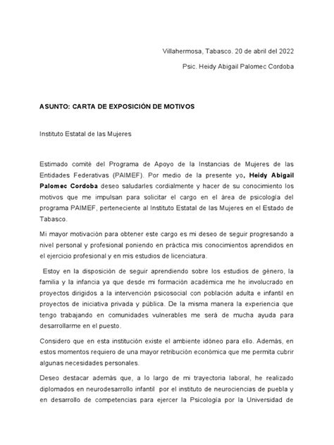 Carta De Exposicion De Motivos Para Trabajo Pdf