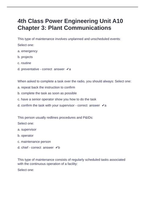 4th Class Power Engineering Unit A10 Chapter 3 Questions with complete ...