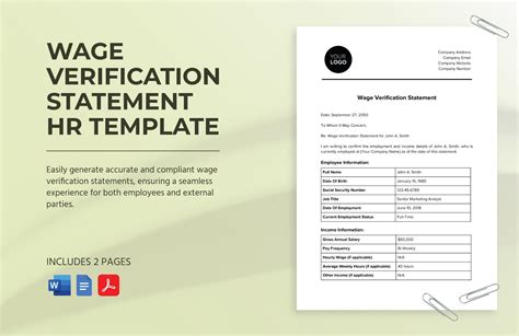 Wage Verification Statement Hr Template In Word Pdf Google Docs