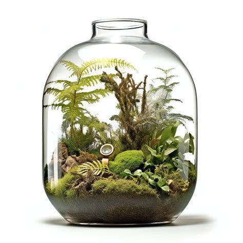 Glass Florarium With Ferns And Succulents Isolated On White Background