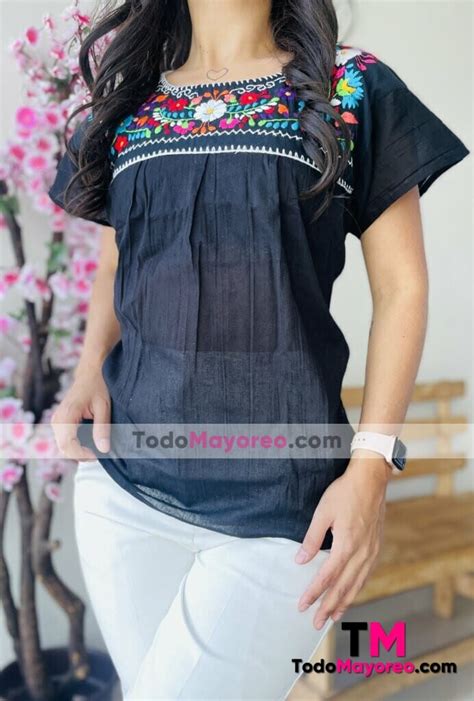 Rj Blusa Artesanal Mexicano De Manta Color Negro Bordada A Mano