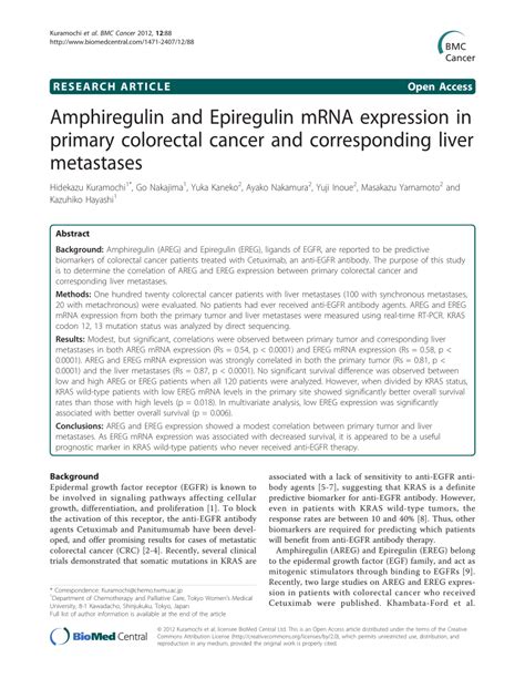 Pdf Amphiregulin And Epiregulin Mrna Expression In Primary Colorectal