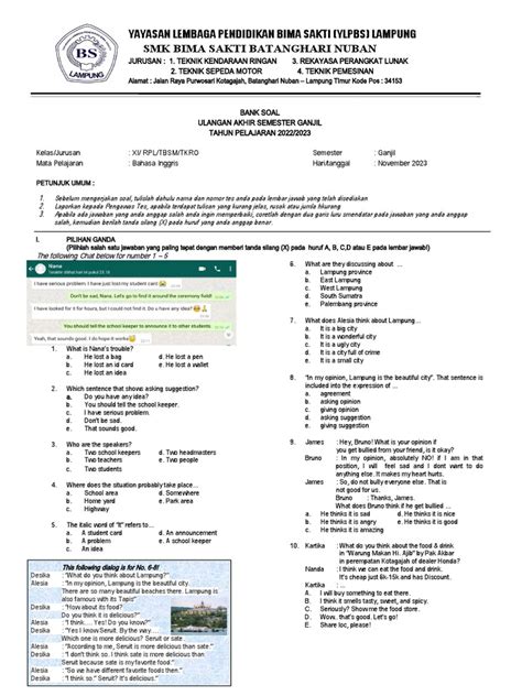 Mid Semester Exam Questions From Smk Bima Sakti In Batanghari Lampung