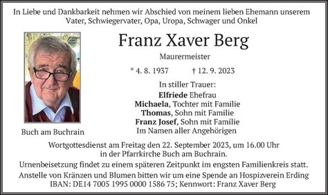 Traueranzeigen Von Franz Xaver Berg Trauer Merkur De