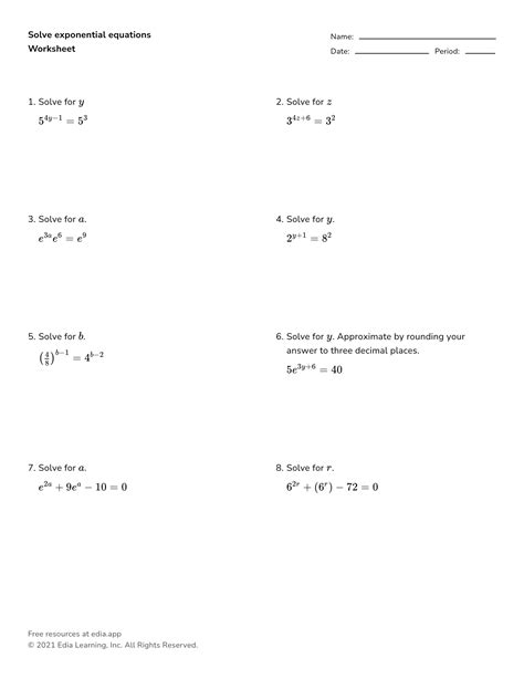 Exponential And Log Equations Worksheets