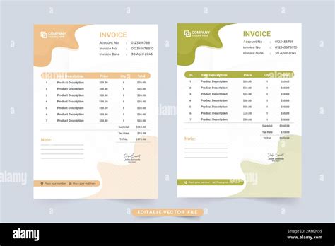 Invoice Template Vector With Green And Light Orange Colors Creative