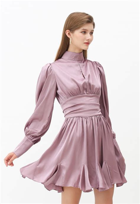 High Neck Puff Sleeves Satin Ruffle Dress In Lilac Retro Indie And