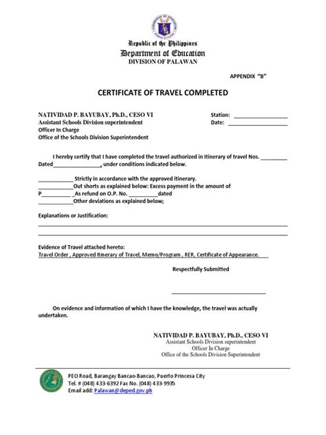 Cert Of Travel Completed Appendix B 2019 Pdf