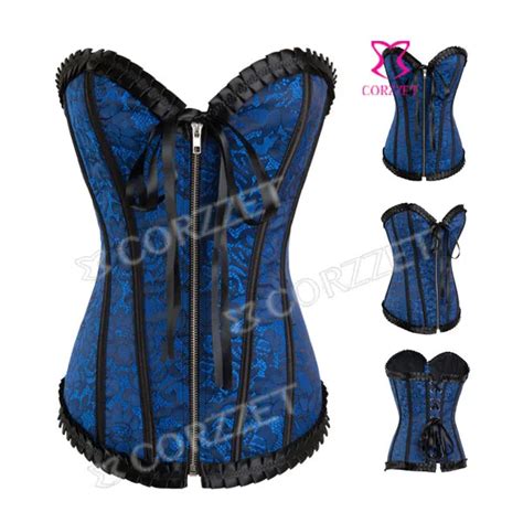 New Blue Jacquard Front Zipper Corset Body Shaper Women Overbust