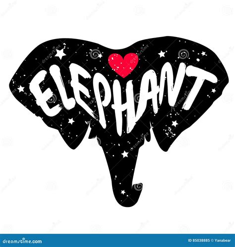 Elephant Head Silhouette With Inscription And Red Heart Lettering Text