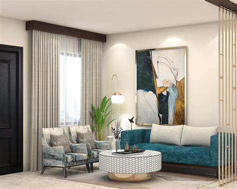 Living Room Design With A Seater Blue Sofa Livspace