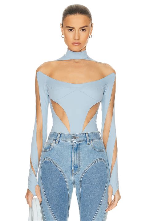 Mugler Illusion Cut Bodysuit In Light Blue Nude Fwrd