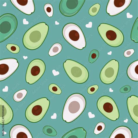 Cute Avocado Seamless Pattern Background With Hearts Shapes On Green