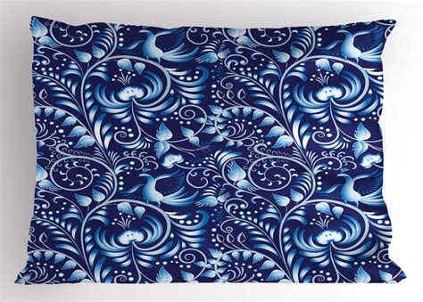 Navy Pillow Sham Folk Chinese Design Inspired Floral Swirls Classic