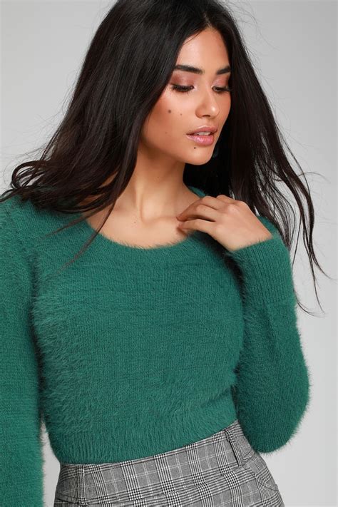 Cute Dark Green Sweater Fuzzy Sweater Fuzzy Cropped Sweater