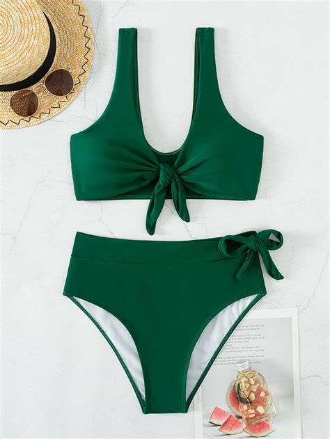 Shein Swim Basics Ba Ador Bikini Liso Con Nudo Delantero De Talle Alto